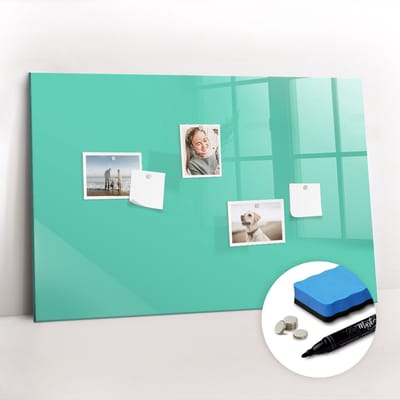Tulup Whitebord - Kleur Turquoise Magneetbord - 90 cm x 60 cm - Memobord Glas - Design Memobord - Magnetisch Wandbord - Inspiratiebord Kantoor - Inclusief Gratis Magneten & Marker & Spons - Magneetbord Muur - Magnetic Board