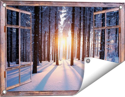 Gards Tuinposter Doorkijk Bos met Sneeuw tijdens de Zonsondergang - 60x40 cm - Tuindoek - Tuindecoratie - Wanddecoratie buiten - Tuinschilderij