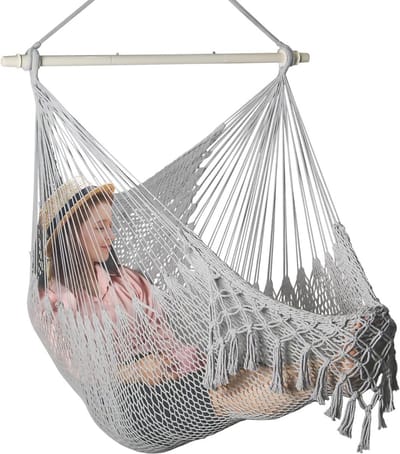 Boho hangstoel met metalen spreider, handgeweven katoenen touw, indoor en outdoor schommelstoel
