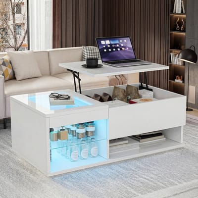Moderne salontafel met hefblad en opbergruimte, witte hoogglans salontafel met LED-verlichting en glazen vitrinekast, multifunctionele woonkamertafel 100x55x35cm