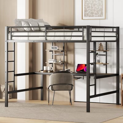 MODENUIT Hoogslaper 140x200 cm – Met Bureau en 2 Boekenplanken – Stalen Frame met Trap – Zonder matras – Zwart