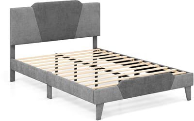 COSTWAY Tweepersoons Gestoffeerd Platformbed Fluwelen Bedframe met Hoofdeinde Massief Houten Lattenbodem 140 x 200 cm Grijs