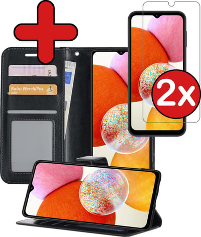 Hoesje - Met 2x Screenprotector - Geschikt voor Samsung Galaxy A14 - Luxe Pasjeshouder - Flip Case - Bookcase Portemonee - Kunstleer Book Case - Flipcase Hoes - Book Cover - Walletcase - Portemonneehoes - Telefoonhoes - Zwart