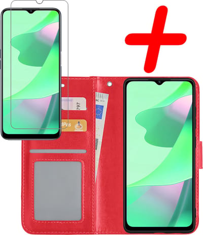Hoesje Met Screenprotector - Geschikt voor OPPO A16 - Luxe Pasjeshouder - Bookcase Portemonee - Flip Case - Kunstleer Book Case - Flipcase - Book Cover - Walletcase - Portemonneehoes - Rood