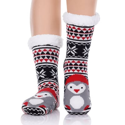 Budino® Huissokken - Verwarmde sokken - Antislip Sokken - Warme Sokken - Dikke Sokken - Anti Slip - Fluffy Sokken - Dames en Heren - Pinguin Blauw Rood Kerst