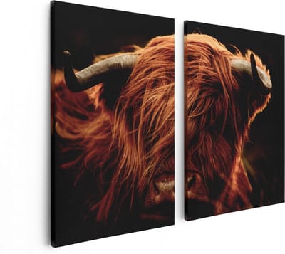 Artaza Canvas Schilderij Tweeluik Schotse Hooglander Koeienkop - Kleur - 80x60 - Foto Op Canvas - Canvas Print