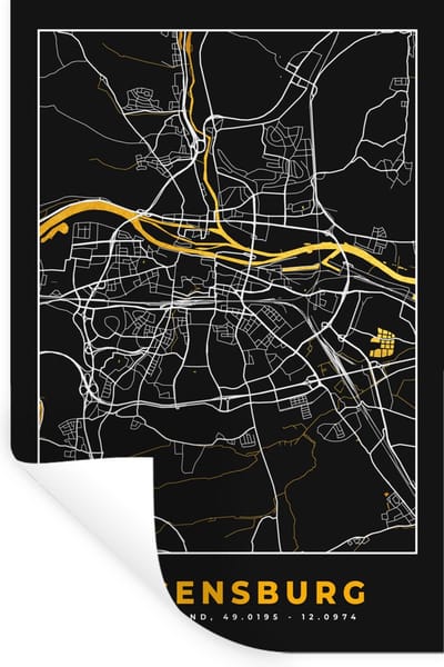 Muurstickers - Sticker Folie - Black and Gold – Stadskaart – Regensburg – Duitsland – Plattegrond – Kaart - 20x30 cm - Plakfolie - Muurstickers Kinderkamer - Zelfklevend Behang - Zelfklevend behangpapier - Stickerfolie