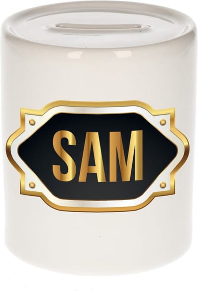 Spaarpot met voornaam Sam - wit - met goud/zwart embleem - 8 x 9 cm - keramiek - met afsluitdop - cadeau verjaardag