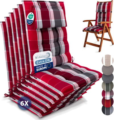 Beautissu Sun-HL – Set van 6 Premium Hoge Rugleuning Stoelkussen 120x50 cm – UV-bestendig – 8cm Dik – met Hoofdkussen & Bevestigingsbanden – Antislip – Rood Antraciet Gestreept