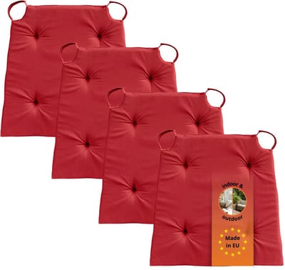 sleepling Basic 10 stoelkussenset 4-delig - stoelkussens 40x40 cm - stoelkussens buiten en binnen - stoelkussens eetkamer, stoelkussen met lint en zitkussen met klittenband - Made in EU - set van 4 - 41 (voor) / 35 (achter) x 40 x 5 cm - rood