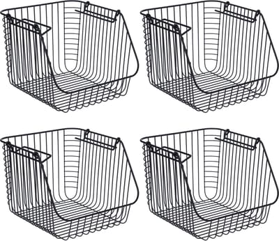 Opbergmandje - Set van 4x stuks - zwart - stapelbaar - 29 x 27 x 21 cm - draadmand - opbergen - opruimen - Opbergmanden/opruimmanden