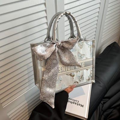 Sac à main Commuter Grande Capacité Lettre Nouveau Décontracté et Tendance Polyvalent Écharpe Nœud Porté Main Cabas gray