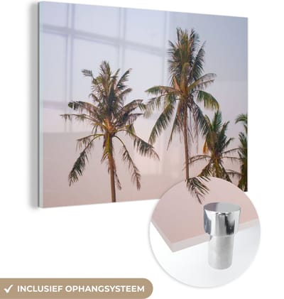 MuchoWow® Glasschilderij 160x120 cm - Schilderij acrylglas - Palmbomen - Zomer - Pastel - Foto op glas - Schilderijen