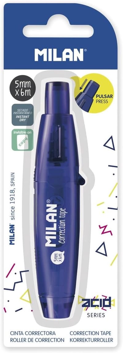 SnelShoppen - Blistercorrectietape 5 mm x 6 m, droogcorrectietape met drukknop, doorschijnend blauw, nauwkeurige correcties, navulbanden verkrijgbaar