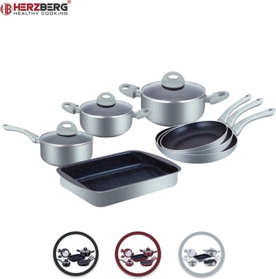 Herzberg HG-9016BR: 10 Stuks Marmer Gecoate Pannenset - Zilver