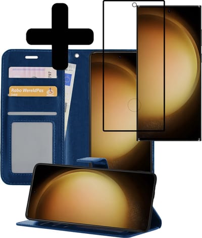 Hoesje - Met Screenprotector - Geschikt voor Samsung Galaxy S23 Ultra - Luxe Pasjeshouder - Bookcase Portemonee - Flip Case - Kunstleer Book Case - Flipcase - Book Cover - Walletcase - Portemonneehoes - Telefoonhoesjes - Donkerblauw