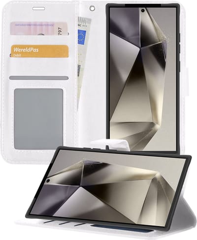 Hoesje - Met Pasjeshouder - Geschikt voor Samsung Galaxy S24 Ultra - Luxe Bookcase Portemonee - Flip Case - Kunstleer Book Case - Flipcase - Book Cover - Walletcase - Portemonneehoes - Telefoonhoesjes - Wit