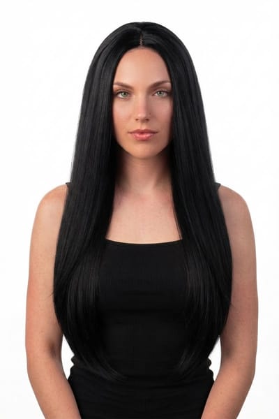 KIMU® Luxe Lange Zwarte Pruik - Middenscheiding - Haarwerk Krullen Pony - Zwart Donker Duister Halloween Eng Festival