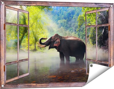 Gards Tuinposter Doorkijk Olifant in het Water - 90x60 cm - Tuindoek - Tuindecoratie - Wanddecoratie buiten - Tuinschilderij