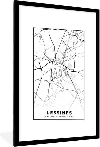Fotolijst incl. Poster Zwart Wit- Stadskaart – Zwart Wit - Kaart – Lessines – België – Plattegrond - 60x90 cm - Posterlijst