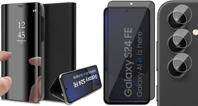 Hoesje geschikt voor Samsung Galaxy S24 FE - Privacy Screenprotector Volledig Dekkend Glas & Camera - Spiegel Book Case Zwart