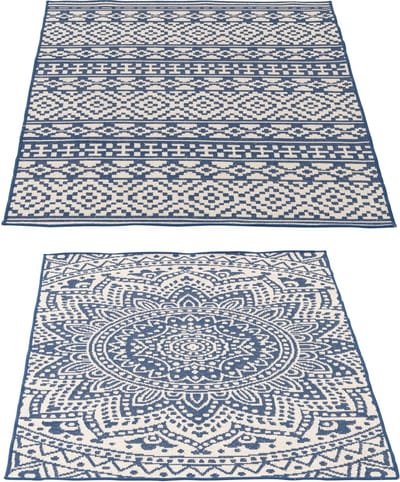 J-Line vloerkleed Buiten Mozaïek - polypropyleen - blauw/wit - set van 2