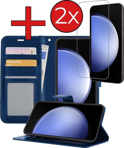 Hoesje - Met 2x Screenprotector - Geschikt voor Samsung Galaxy S23 FE - Luxe Pasjeshouder - Flip Case - Bookcase Portemonee - Kunstleer Book Case - Flipcase Hoes - Book Cover - Walletcase - Portemonneehoes - Telefoonhoes - Donkerblauw