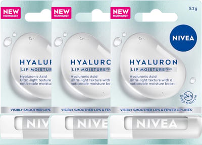 Nivea Lippenbalsem Hyaluron Lip Moisture Plus - 3 x 5,2g - Lipbalm voor 24h Diepe Hydratatie - Merkbaar Zachte en Gladde Lippen