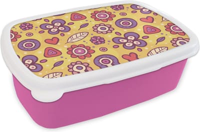 Broodtrommel Roze - Lunchbox Patroon - Bloemen - Paars - Oranje - Brooddoos 18x12x6 cm - Brood lunch box - Broodtrommels voor kinderen en volwassenen