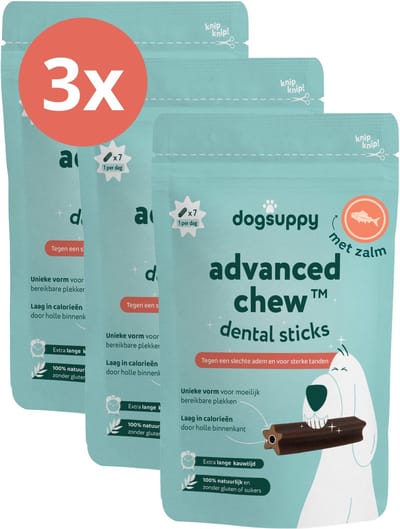 Advanced Chew Dental Sticks - Met zalm - 100% Natuurlijk - 3 zakjes | 21 Sticks - Ondersteunt Optimale Mondhygiëne van je Hond - Frissere Adem, Wittere Tanden, Minder Tandplak & Tandsteen - Hondensnacks - Voordeelpakket