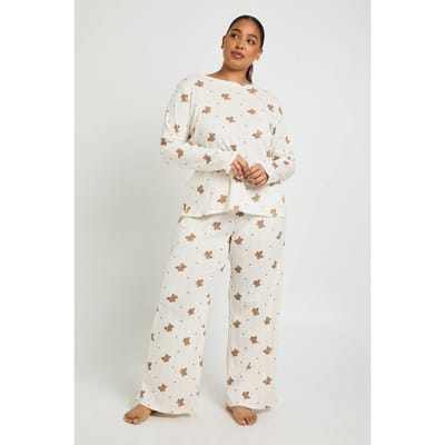 boohoo Dames Plus Pointelle Beerprint Top met Lange Mouwen & Broek Pyjamaset | Cream | Maat: 18