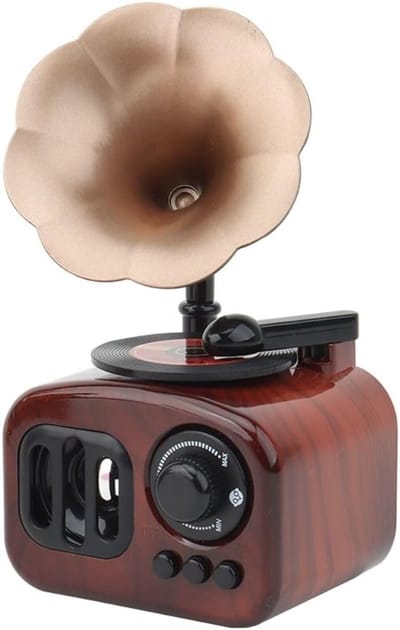 Retro grammofoon-muziekdoosje (decoratie), 17 x 9,5 x 9 cm – vintage kunststof muziekdoosje in de vorm van een kleine grammofoon – decoratief object voor op tafel (vintage bruin)