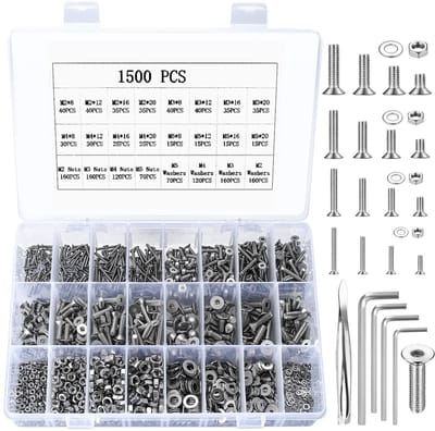 Dailygoods - Assortiment inbusschroeven, moeren en sluitringen, verzonken kopschroeven, platte kopschroeven voor machines, cilindrische schroeven van roestvrij staal, M2 M3 M4 M5 (1500 zilver)
