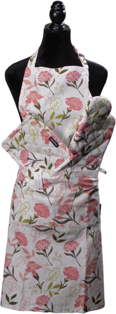 Keukenset 3-delig – Schort + Ovenwant + Pannenlap – Voor Haar – Kookcadeau - Cadeauset - Anjer - Bloemen