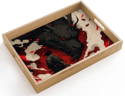 Dienblad hout 40x30 cm - Schootdienblad - Krijger - Draak - Zwart - Rood - Rook - Borrelplank rechthoek - Plateau dienbladen