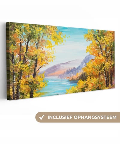 Canvas - Schilderij - Landschap - Bomen - Olieverf - Water - Bergen - 40x20 cm - Schilderijen op canvas - Canvas natuur - Muurdecoratie