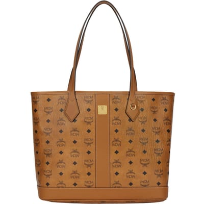 MCM Liz Visetos Logo Messing Naamplaat Haaksluiting Kleur-Contrast Stiksels Tote Bag Dames tote bags Cognac MWPGSLR02CO001 Shopping Bag Set(Basic Set+Shopping Bag) brown