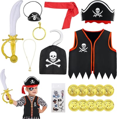 Piratenkostuum voor Kinderen met 18 Accessoires, Inclusief Piratenhoed, Voor Jongens en Meisjes, Carnaval en Feestjes
