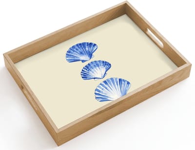 Dienblad hout 40x30 cm - Schootdienblad - Schelpen - Blauw - Beige - Borrelplank rechthoek - Plateau dienbladen