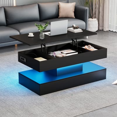 MODENUIT Salontafel - Hefbaar Blad Met Led En Stopcontacten - Woonkamer - Spaanplaat - 100x50x42 Cm - Zwart