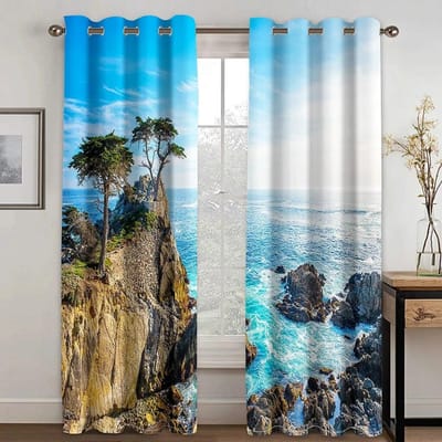 Kokospalmenlandschap Strand Verduisterende Gordijnen Voor De Woonkamer Slaapkamer Huisdecoratie Boom Groot Landschap Voor Hoog Verduisterend Gordijn W50xH130(CM)x2PCS-Grommet Top