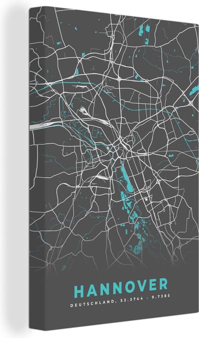 Canvas Schilderij Blauw – Duitsland – Plattegrond – Stadskaart – Kaart – Hannover - 20x30 cm - Wanddecoratie