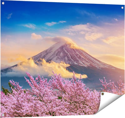 Gards Tuinposter Fuji Berg met Roze Bloesembomen - Bloemen - 100x80 cm - Tuindoek - Tuindecoratie - Wanddecoratie buiten - Tuinschilderij