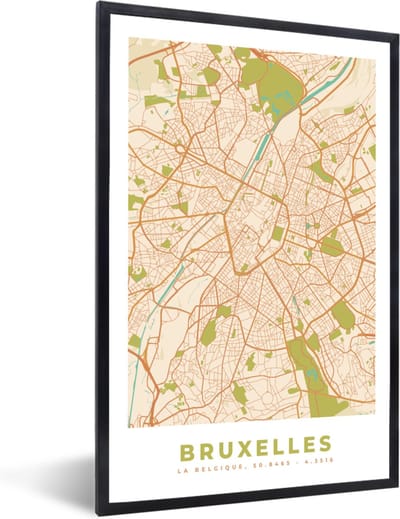 Fotolijst incl. Poster - Kaart - Plattegrond - Vintage - Brussel - Stadskaart - 40x60 cm - Posterlijst