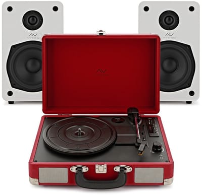 AVCOM Suitcase Turntable with Active Speakers, Red & White