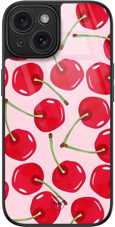 Hoesje geschikt voor Apple iPhone 15 - Sweet cherry - Roze - TPU luxe case (glossy toplaag) - Print - Hardcase backcover zwart