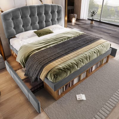 DESMIU Gestoffeerd Bed 140x200 Cm - Tweepersoonsbed Met Verstelbaar Hoofdbord En Lades - Met Opbergruimte - Voor Slaapkamer - Fluweel - Grijs Zonder Matras