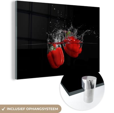 MuchoWow® Glasschilderij 150x100 cm - Schilderij acrylglas - Paprika - Groente - Stilleven - Water - Rood - Foto op glas - Schilderijen