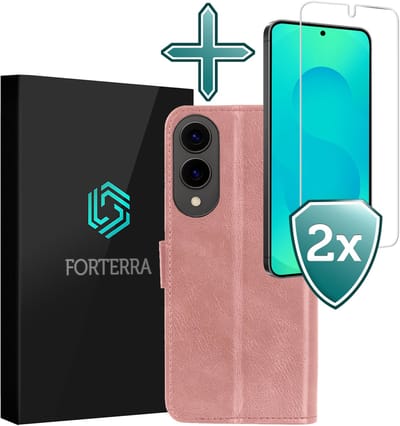 Hoesje Met 2x Screenprotector - Geschikt voor Samsung Galaxy S25 Edge - Luxe Pasjeshouder - Flip Case - Bookcase Portemonee - Kunstleer Book Case - Flipcase Hoes - Book Cover - Walletcase - Portemonneehoes - Rosé goud