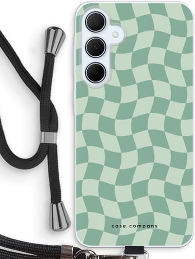 Case Company® - Hoesje met koord geschikt voor Samsung Galaxy A35 hoesje met Koord - Grid Groen - Telefoonhoesje met Zwart Koord - Bescherming aan alle Kanten en Over de Schermrand